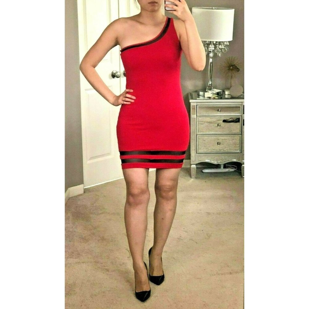 ASOS PETITE Red One Shoulder Mesh Insert Dress S 6